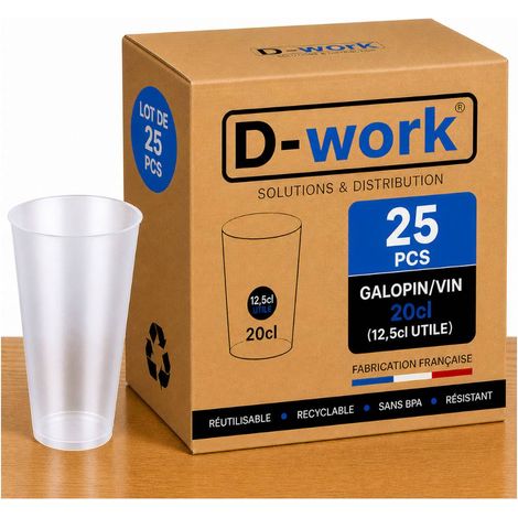 Lot de Verres Gobelets Réutilisables 20 cl (12,5 cl utile) en Polypropylène Sans BPA, Translucides, Résistants et Recyclables, Idéal Soirées, Bars, Événements et Professionnels - D-Work