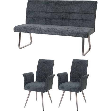 Lot de 2 chaises de salle à manger avec accoudoirs + banquette 160 cm inox brossé en tissu chenille bleu-vert 040008287