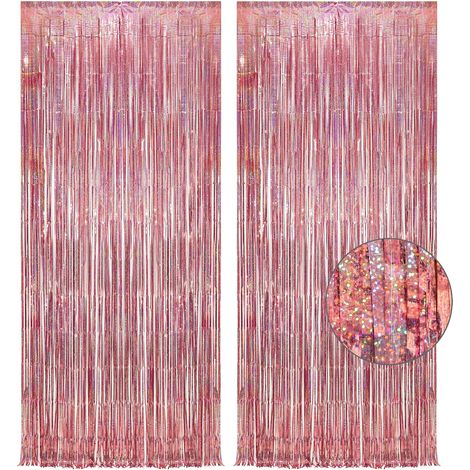 L – Lot de 2 toiles de fond à franges en feuille d'aluminium pour décoration de fête à thème d'anniversaire – Or rose – 1 x 2,5 m (1/5)