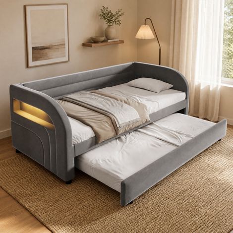 Lit plateforme capitonné 90x200 avec lit gigogne et éclairage LED, gris, OKWISH (1/5)