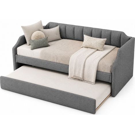 Cama nido individual 90 x 200 cm con cama extraíble, tapizada en tela gris y estructura de madera, ideal para salón, invitados y dormitorio - CHICFURN (1/5)