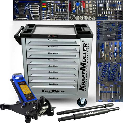Servante Atelier Entretien Auto Véhicule XL 8 tiroirs 309 OUTILS, Dynamo, Kit Extraction Filtre à Huile, Cric Hydraulique 2,25T (1/5)