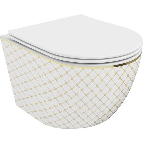 Mexen Lena inodoro sin borde con asiento de cierre suave slim, duroplast, blanco/oro patr贸n de rejilla - 30224009