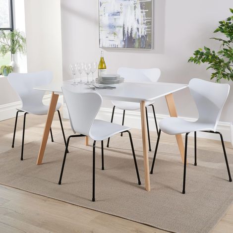 Dining Table Set 120cm White Top Wooden Legs 4 Curved Plastic Metal White Chairs (1/5)