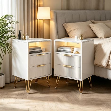 2er Set Nachttische mit LED & USB-Ladegerät, Nachttisch mit 2 Schubladen & Fach, Beistelltisch für Wohnzimmer & Schlafzimmer (Weiß) (1/5)