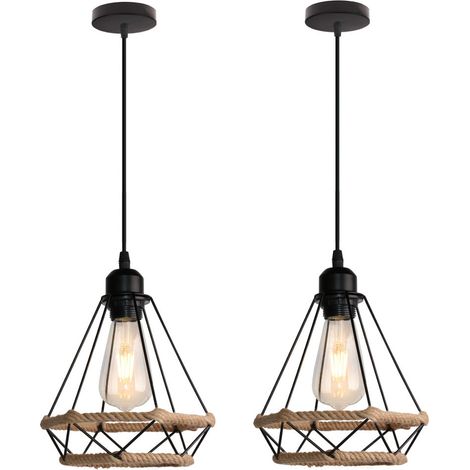 2er Pendelleuchte Hanf Seil Hängelampe mit Käfig Ø20cm Diamant Form Lampen im Industri Stil für für Wohnzimmer Esszimmer (Schwarz)