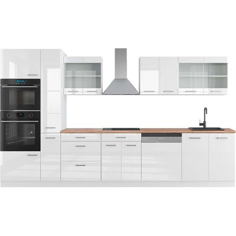 Mueble de cocina R-Line, Blanco alto brillo/blanco, 350 cm con armario alto, ET Roble, Vicco