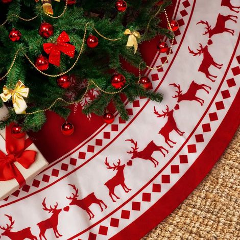 Tapis de sapin de Noël 122 cm (48 pouces) - Grand tapis de sapin de Noël rouge avec flocons de neige et rennes - Décorations de Noël rustiques pour les fêtes d'hiver et du Nouvel An (1/5)