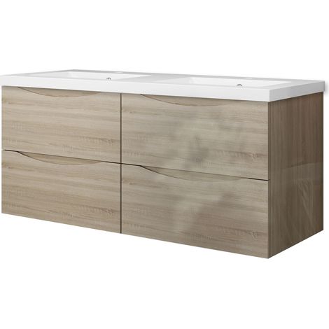 Meuble de salle de bain suspendu 120 cm, 4 tiroirs, avec vasque,MDF chêne brillant (1/5)