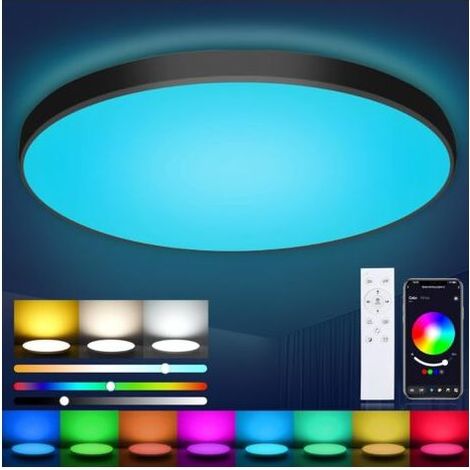 Plafonnier LED Dimmable Plat Rond Noir 36W Plafonnier avec Télécommande，RGB Contrôlable via App，2700K-6500K Smart LED Plafonnier pour chambre enfants bureau salon Ø30CM [Classe énergétique A] (1/5)