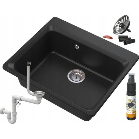 Évier de Cuisine en Granit ZANTE avec Siphon, 1 Bac, Noir, Réversible, avec Accessoires (1/5)