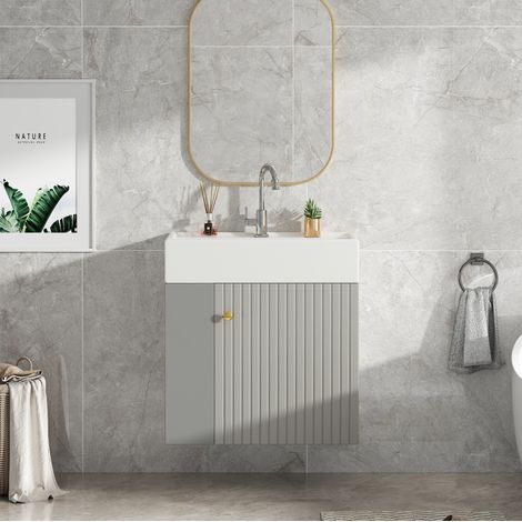Meuble vasque suspendu moderne 55 cm gris et blanc avec vasque intégrée, rangement fermé et étagères latérales (1/5)
