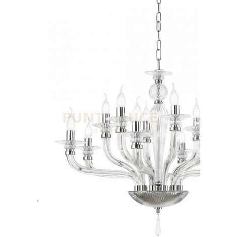 LAMPADARIO VILLA VETRO E METALLO 8 LUCI TRASPARENTE E CROMO ATTACCO E14 D.82CM
