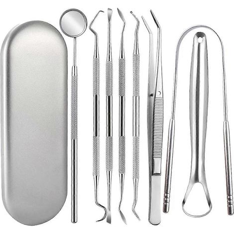 Kit de soins dentaires en acier inoxydable 8 pièces comprenant des pinces dentaires, des outils pour détartrer et un étui. (1/5)
