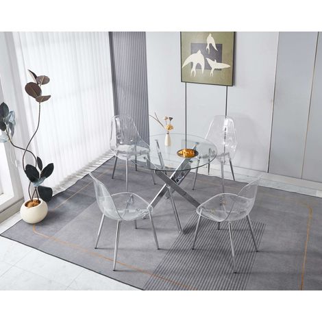 Set da pranzo con tavolo e 4 sedie in metallo, sedie in velluto, colore chrome, schienale alto ergonomico (1/5)
