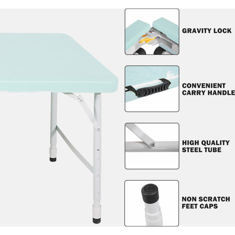 Table pliable robuste 125cm avec poignée, hauteur ajustable, table portable multifonction pour camping, pique-nique, fêtes intérieur/extérieur, charge max 135kg (Bleu)