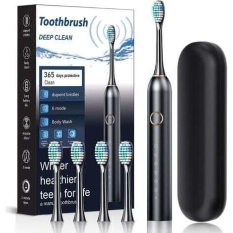 Brosse à Dent Électrique Soniques,Avec 4 Têtes de Brossage,6 Modes, Minuterie Intégrée de 2 Minutes,Rappel de 30 Secondes,Étui de Voyage Inclus,IPX7,Homme/Femme (Black) (1/5)