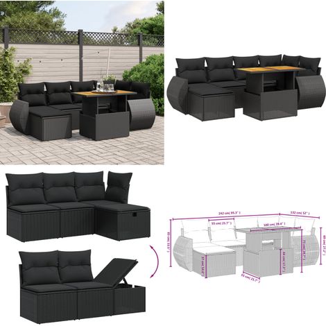 Salon de jardin 7 pcs avec coussins noir résine tressée - Ensemble Salon De Jardin - Mobilier Extérieur - Résine Tressée - Rotin Synthétique - Table Extensible - Home & Living (1/5)