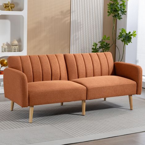 Canapé convertible 2 places au design scandinave, dossier inclinable 3 positions, pieds en bois, revêtement en tissu aspect lin marron (1/5)