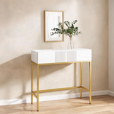 Console rangement 2 tiroirs blanc laqué 80 x 31,5 x 75 cm (1/5)
