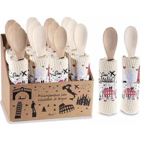 Set de cuisine torchon en coton brodé motifs Italie et cuillère en bois sur présentoir, lot de 12, torchon : 38 x H. 64 cm