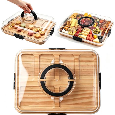 Plateau à Fromages en Bois, Planche à Charcuterie avec Couvercle, Planche Assiette avec 6 Compartiments pour Aperitif, Charcuterie ou Petit-Déjeuner, Plateaus à Fromage Bambou pour Pique-Nique (Noir) (1/5)