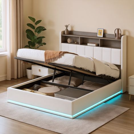 Polsterbett 140x200 cm, Doppelbett mit hydraulischem Stauraum, mit LED und USB-Ladestation, Modernes Jugendbett, Bettgestell mit Kopfteil und Lattenrost, Velour Beige, Ohne Matratze