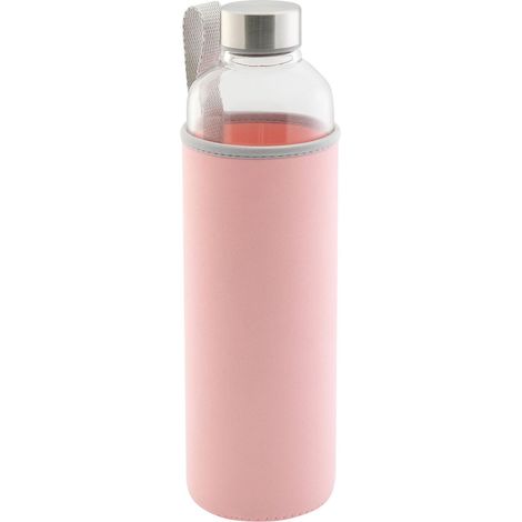 Bouteille en Verre Borosilicaté, Bouteille d'eau avec Couvercle en Néoprène et Bouchon à Vis, Ø env. 6,6 cm, H env. 21 cm, Transparent/Rose (1/3)