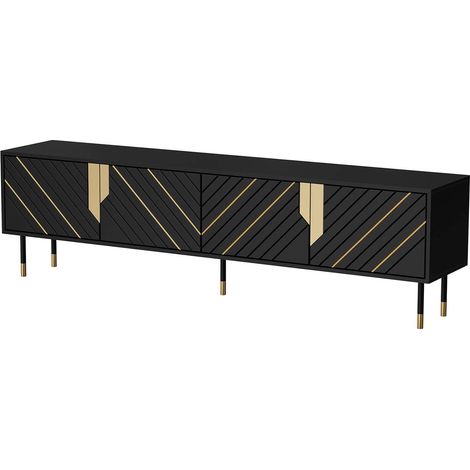 Meuble TV Seborga, buffet de salon avec quatre portes battantes et quatre compartiments intérieurs, surélevé du sol, 204x40 h55 cm, noir et or (1/4)