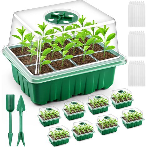 Lot de 12 Plateaux de démarrage pour graines, Kits de démarrage pour semis épais avec kit de démarrage pour Plantes à 144 cellules avec Mini Serre d'intérieur à dôme d'humidité (1/5)