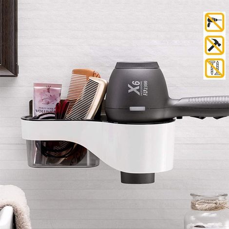 Support Murale Pour Sèche-Cheveux - Fixation Auto-Adhésive Sans Perçage - Résistant à l’Eau - Charge Max 5 kg - Organiseur avec Boîtes de Rangement - 1 Pièce (1/5)