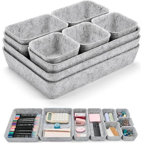9-teiliger Filz-Schubladenorganizer – Stapelbare Aufbewahrungsboxen für Büro, Make-up, Schmuck, Schminktisch, Accessoires – Grauer Schubladeneinsatz, Büroaufbewahrungssystem, Organizer (1/5)