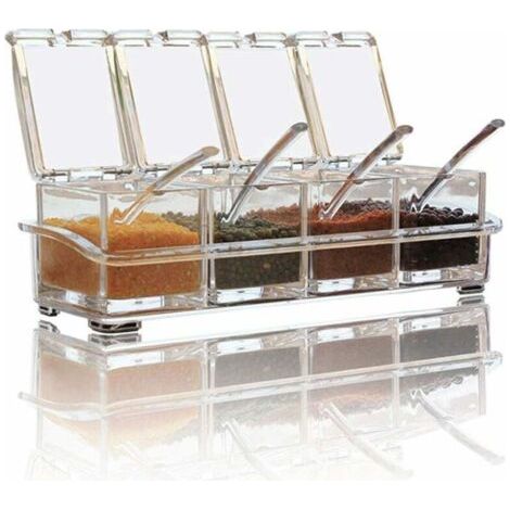 Ahlsen Gewürzbox-Set, 4-teilig: Transparente Flaschen, Salz- und Gewürzgläser, Aufbewahrungsbehälter für Küchengewürze mit 4 Löffeln, Deckel und Löffel. (1/4)