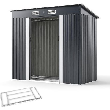 Casetta da giardino per esterni con tetto spiovente, porta scorrevole e prese d'aria, base in metallo, per giardino e cortile, 213 x 112 x 186 cm