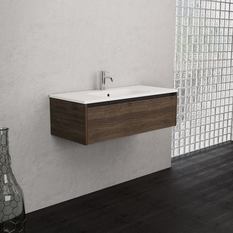Inda - Badezimmerschrank 1 Schublade B.100 mit mattiertem Waschbecken / Braune Eiche - Smeraldo (1/5)