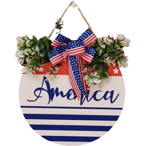 Plaque Porte En Bois - Fête De L'Indépendance États-Unis - Ronde - 30 cm - Pour Porte Mur Fenêtre Jardin - 1 Pièce (1/5)