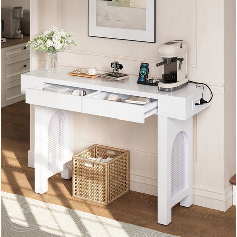Tavolo consolle in MDF bianco 120 cm con 2 cassetti, presa integrata USB e piedini regolabili (1/5)