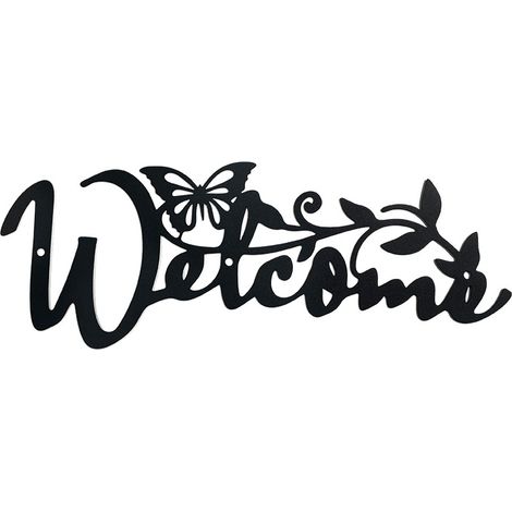 Lntyq Welcome Papillon Décoration Murale en Métal, Noir Tenture Décor Silhouette Mur Art pour la Maison Chambre Salon Salle de Bains Cuisine Bureau Jardin Hôtel Décoration Murale, 11x30 cm (1/4)