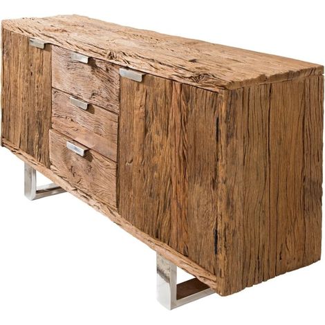 Buffet RAFTA 160 cm en bois massif de teck – 2 portes, 3 tiroirs et pieds en acier argenté (1/5)