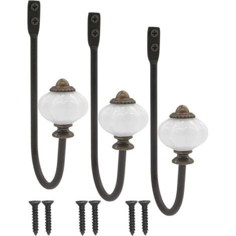 set of 3 antique coat hook, coat hook, hat hook, iron hook with ceramic head and brass crown - vintage country style (1/4)