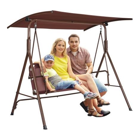 Balancelle de terrasse pour 3 personnes, balançoire avec auvent réglable de porche, avec accoudoirs, tissu Teslin, cadre en acier allié pour balcon, cour, patio, jardin, bord de piscine, marron (1/4)