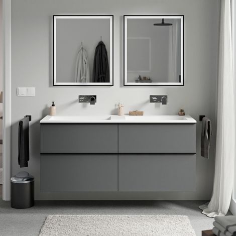 BERNSTEIN - Mobile lavabo sospeso MDF antracite opaco, lavabo Ghisa bianco opaco senza foro rubinetto, maniglia antracite opaco - 140x46x62cm - LAVOA	Antracite opaco, Antracite opaco, Bianco opaco sen