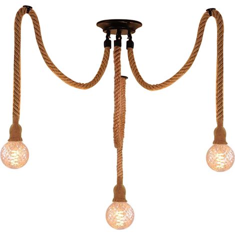 Hemp Rope Ceiling Light 3xE27 Industrial Vintage Ceiling Lamp Retro Pendant Light for Living Room Dining Room Bar Balcony