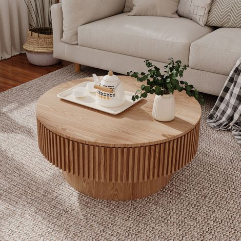 DESMIU Table Basse Ronde 75 cm avec Espace de Rangement, Forme Champignon, pour Salon, en Bois Massif et MDF, Bois Naturel
