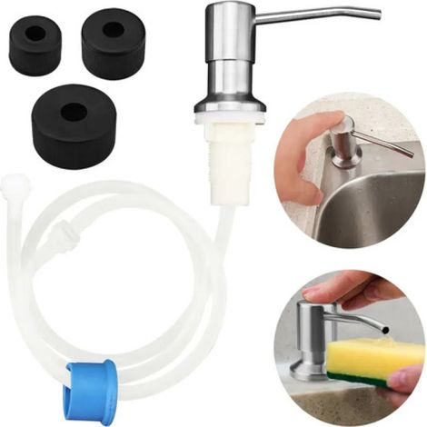 Distributeur de savon Irovami en acier inoxydable 304 pour évier, avec tube d'extension et presse à détergent, couleur argent.