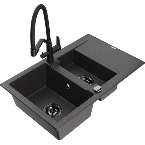 Mexen Gaspar 1,5-Becken-Granitspüle mit Abtropffläche und Mischbatterie Duo, Schwarz gesprenkelt - 6