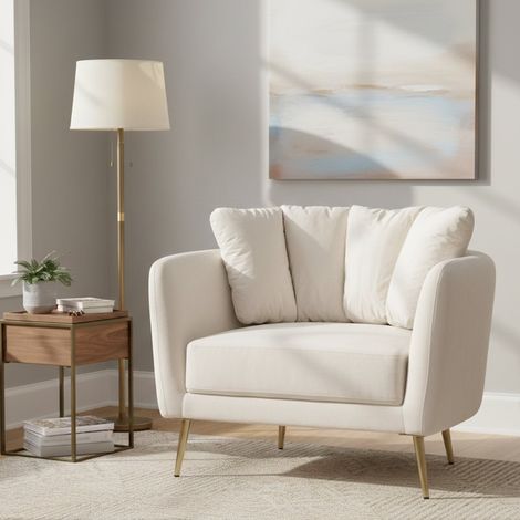 Dmora - Sessel Foster, Gepolsterter Sitz, Einzelsofa im Wohnzimmer, Stuhl mit Armlehnen, 88x77 h74 cm, Creme und Gold (1/5)