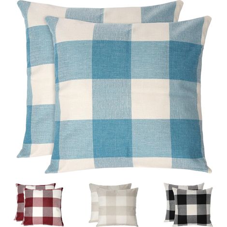 Housses de Coussin à Carreaux , Lot de 2 taie d'oreiller en Lin résistant aux Rides et Respirant, taie d'oreiller à Carreaux, Housses de Coussin décorative pour la Maison,Bleu