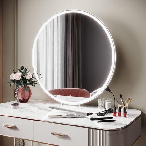 SIRHONA Miroir de maquillage LED, Miroir sur pied avec fonction mémoire, 3 modes d'éclairage, prise intégrée, mural ou de table, 800 x 800 x 35mm