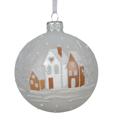 Palline per albero di Natale in vetro decorate bianca con con case innevate, 6 pezzi